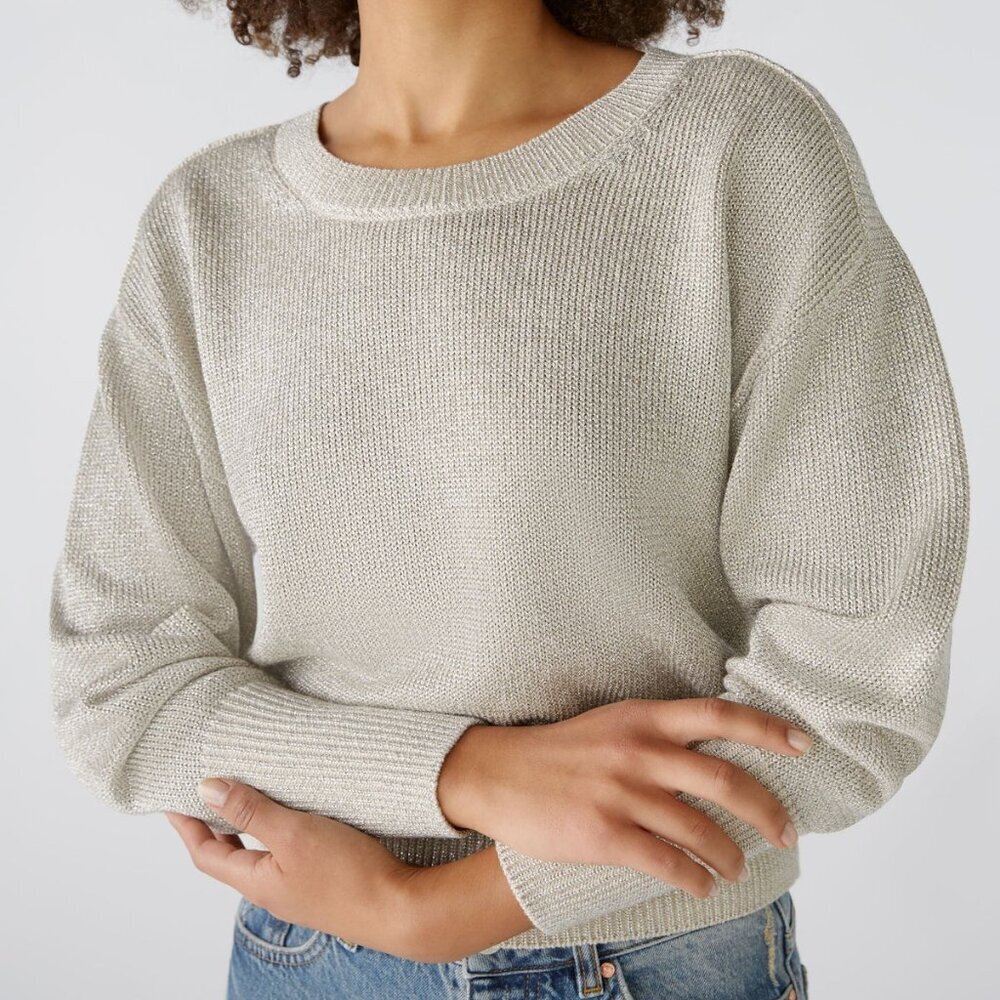 OUI (4) Gold Pullover Sweater Luxury Infused Gold Lurex Knit Relaxed Elegance